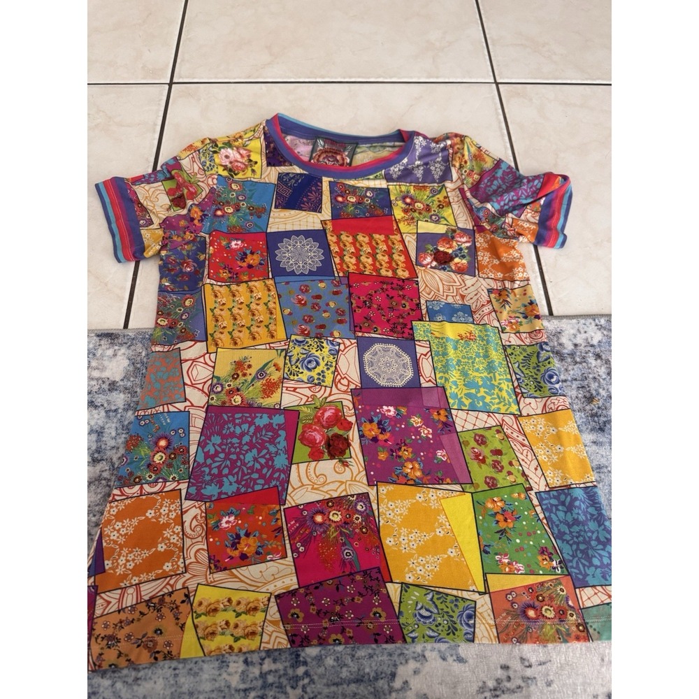 Johnny Was M The Janie Favorite Short Sleeve Tee T-Shirt Floral Patchwork